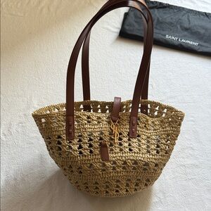 Saint Laurent YSL Raffia Tote Bag with Leather Handles-Small